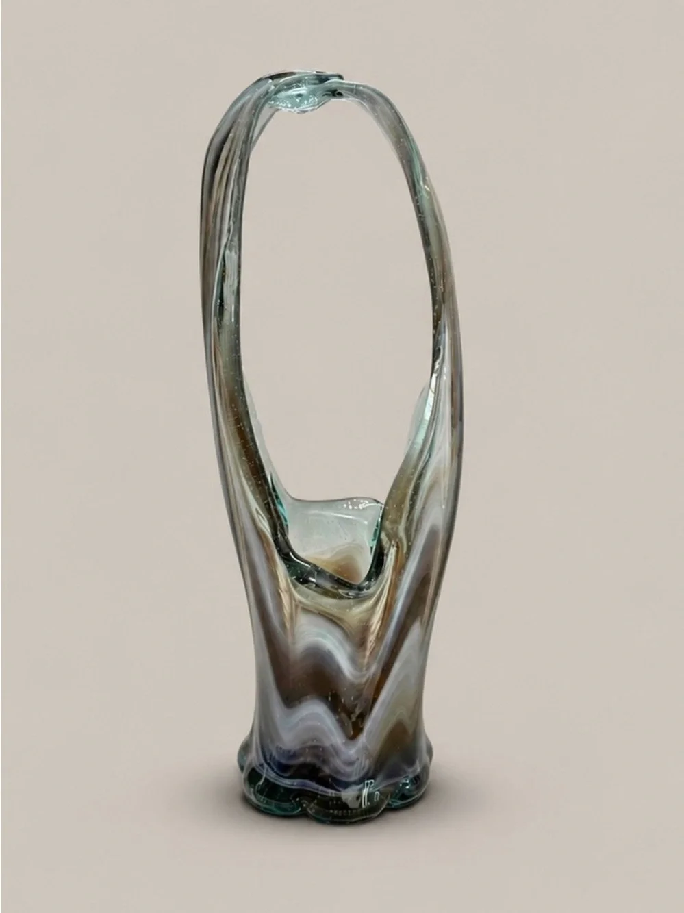 Murano Style Hand Blown Art Glass Basket Vase Blue Gray Swirl Controlled Bubble